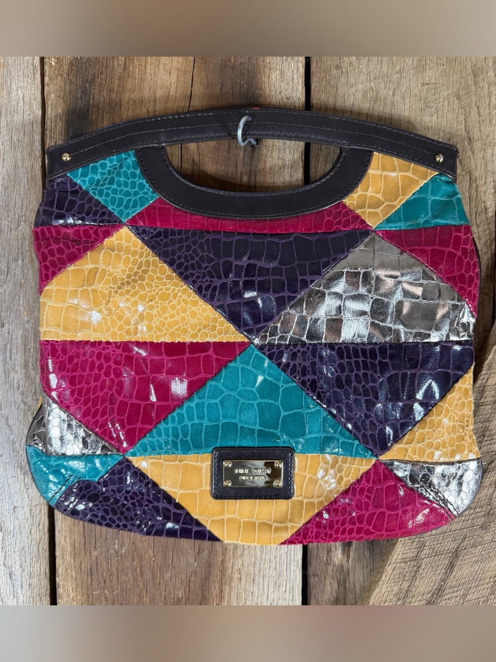 Vintage Nine West Faux Leather Multicolor Patchwork Retro 80s Clutch Bag